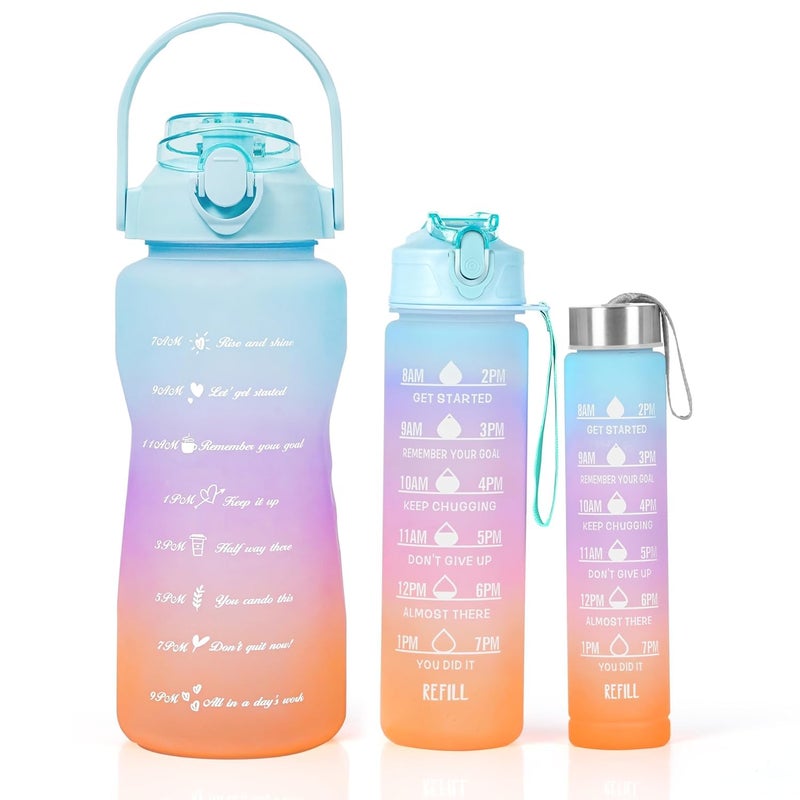TEKCOOL Water Bottle 3Pcs 2L750ml 300ml Lightweight Leakproof BPAfree Motivational Water Bottle Sipper Time Marker Mobile Holder for Online Gym KidsAdults Office Gradient Plastic - Image 1