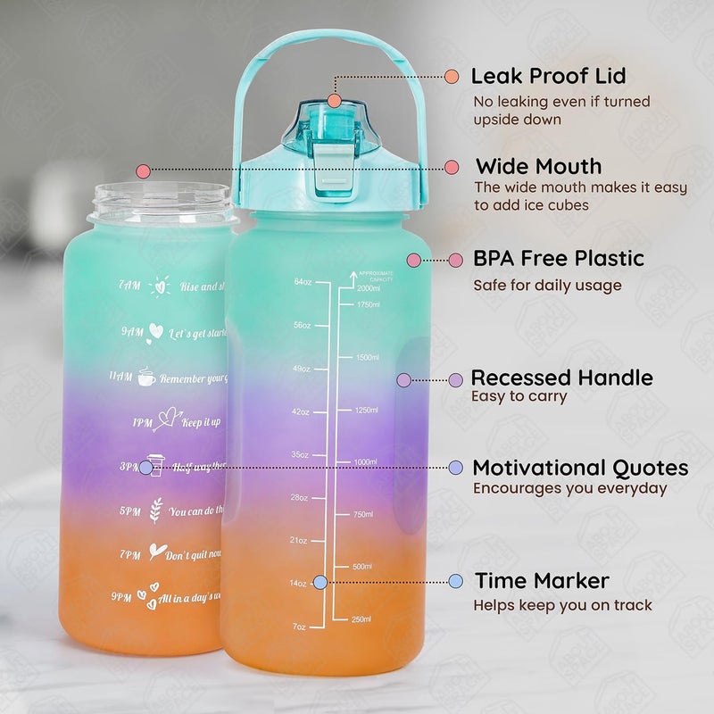TEKCOOL Water Bottle 3Pcs 2L750ml 300ml Lightweight Leakproof BPAfree Motivational Water Bottle Sipper Time Marker Mobile Holder for Online Gym KidsAdults Office Gradient Plastic - Image 3