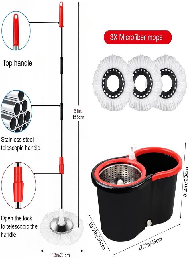 Roixeeds Spin Mop and Bucket with Wringer Set, 360° Spinning Mop Bucket System with 3 Microfiber Mop Replacement Heads Refills, 61" Stainless Steel Extended Handle for Floor Cleaning Home Office(20QT) - Image 2