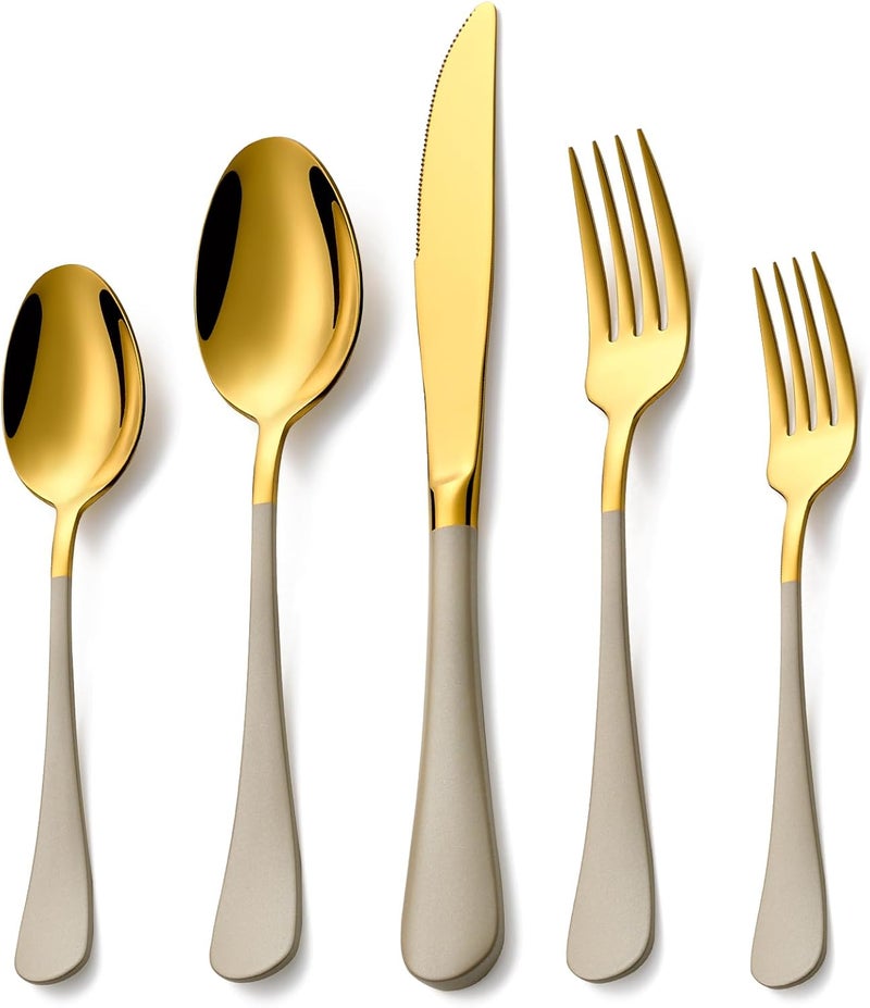 Lekoton 20 Piece Gold and Grey 180 Flatware Utensil Set for 4 Include Dinner KnifeDinner ForksDinner SpoonsSalad ForksTeaspoonsSilverware Set for 4 Dishwasher Safe - Image 1