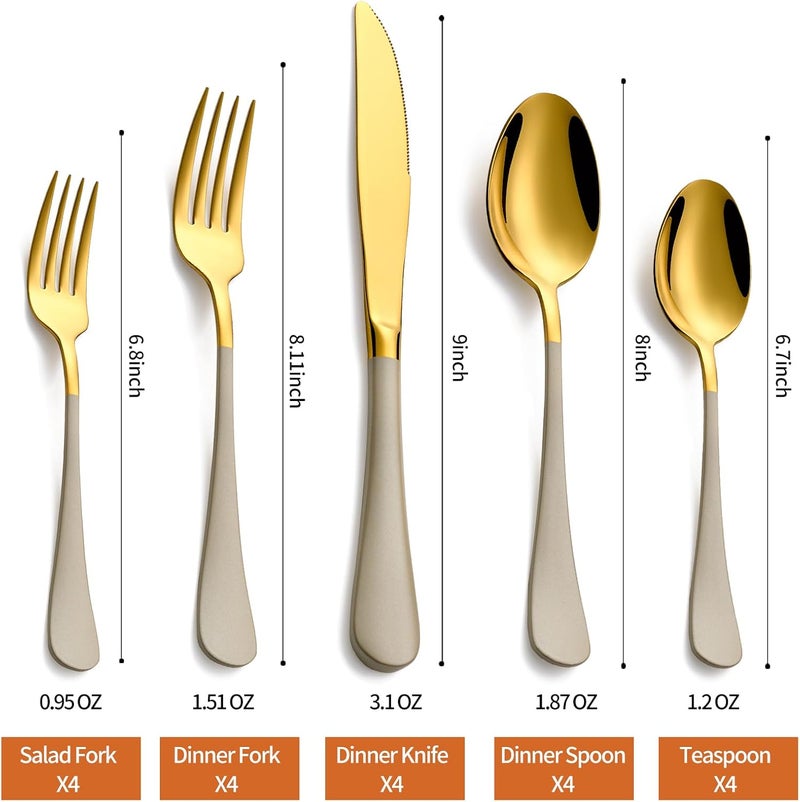 Lekoton 20 Piece Gold and Grey 180 Flatware Utensil Set for 4 Include Dinner KnifeDinner ForksDinner SpoonsSalad ForksTeaspoonsSilverware Set for 4 Dishwasher Safe - Image 2
