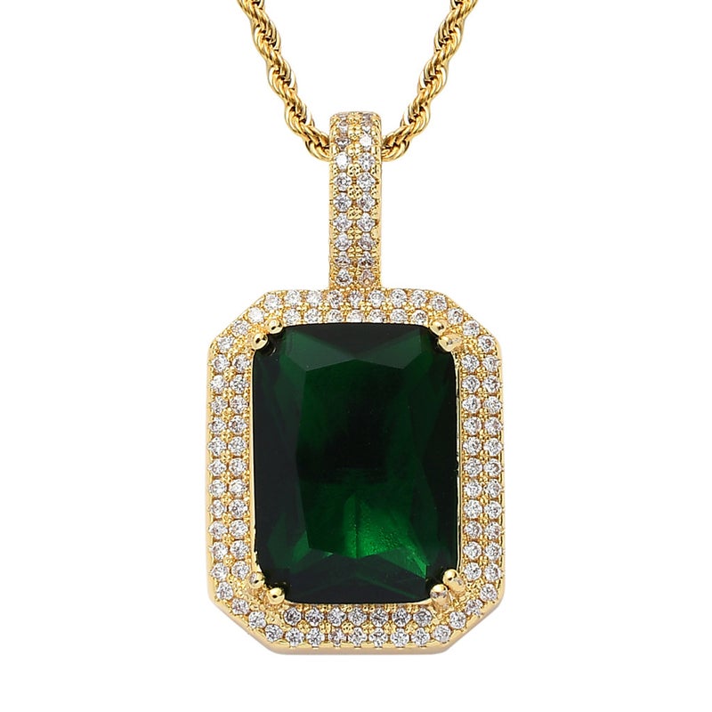 Generic European and American Hot Hip Hop Square Solid Zircon Color Gem Pendant Hip Hop Men and Women Micro-inlaid Real Gold Plated Necklace Emerald Gold +3mm * 60cm stainless steel twist chain 