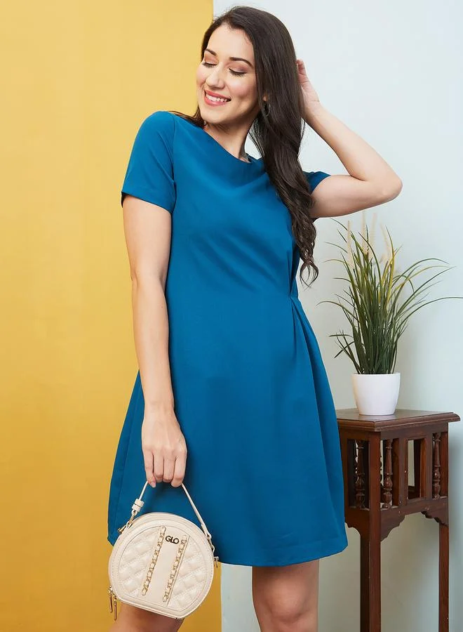 globus Globus Women Solid Round Neck A-Line Mini Dress with Pleated Waist