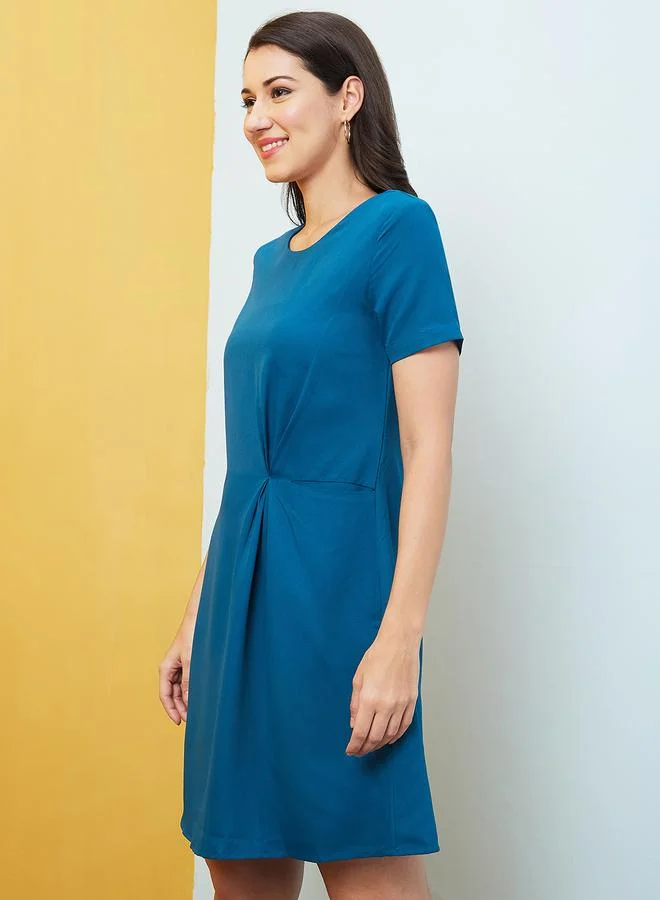 globus Globus Women Solid Round Neck A-Line Mini Dress with Pleated Waist