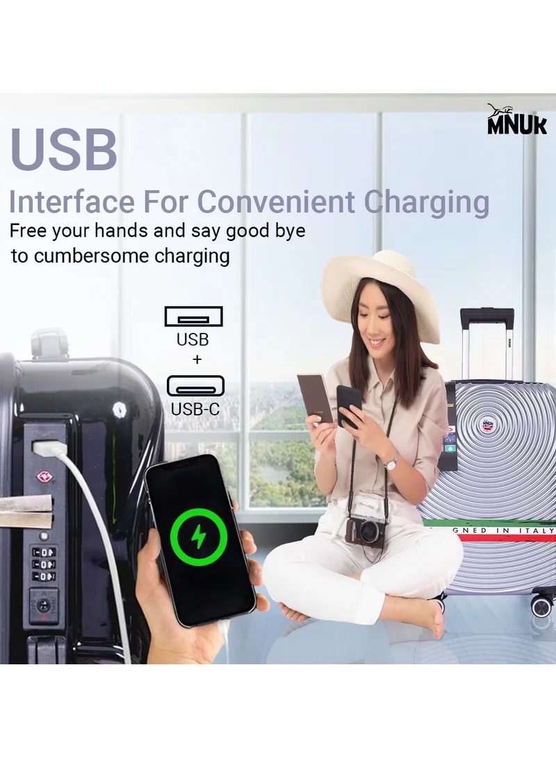 منيك مجموعة كروز مكونة من حقيبتين | عربة بمقبض ناعم من الجانب الصلب مع منفذ USB وقفل TSA | عربة مزدوجة 360 درجة بأربع عجلات | كابينة-20 بوصة، كبيرة-28 بوصة| فضي