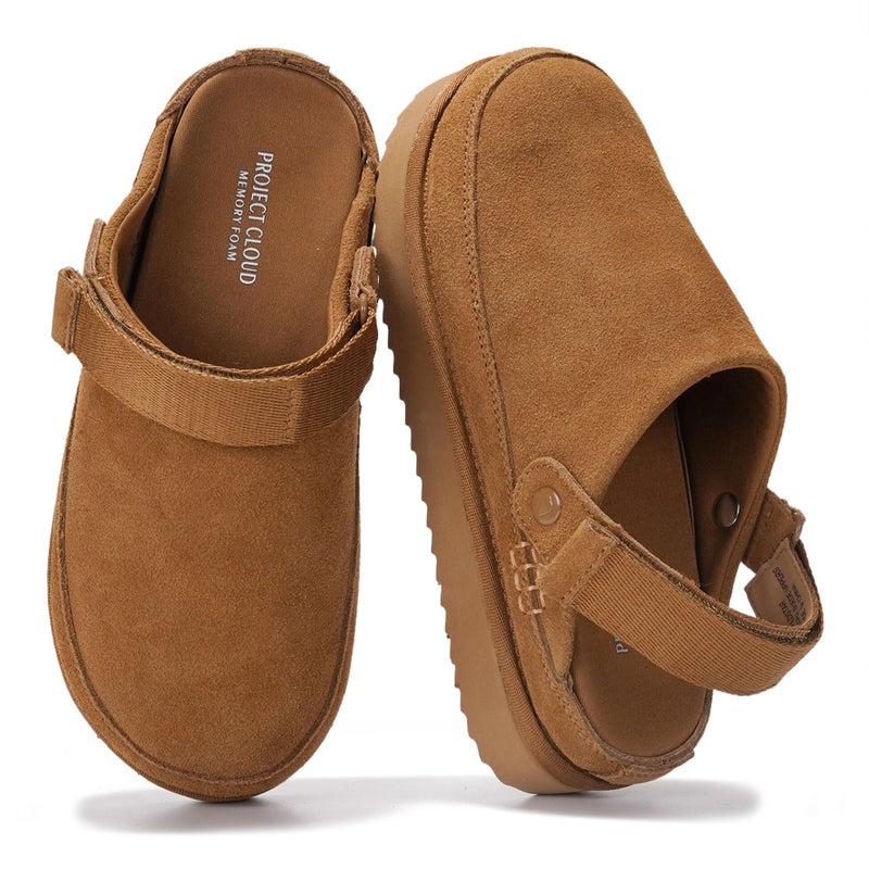 Project Cloud 100% Genuine Leather Clogs for Women - Memory Foam Womens Clogs & Mules with Adjustable Straps - Lightweight Platform Shoes Non-Slip Slides (Goldstar, CHSTNUT, 7.5) Chestnut - Image 1