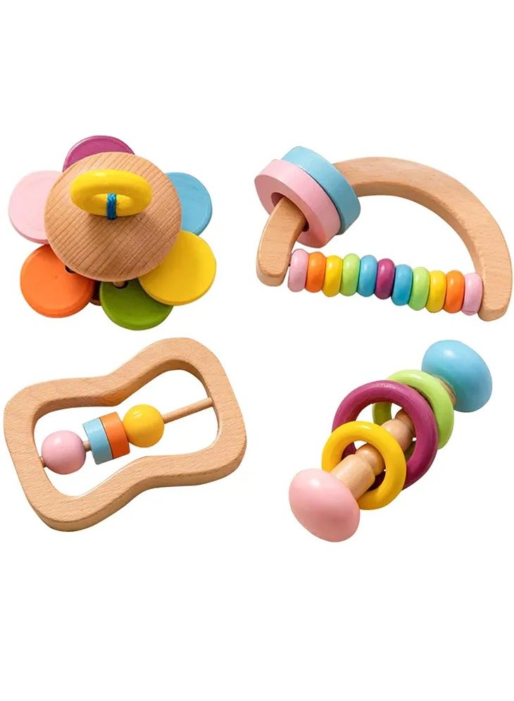 بيبي بي مجموعة ألعاب خشخيشة خشبية للأطفال - عبوة من 4 قطع من ألعاب التسنين العضوية الطبيعية من مونتيسوري للأطفال الرضع - ألعاب حسية خشبية آمنة وخالية من مادة BPA للأطفال من عمر 0 ​​إلى 12 شهرًا - Image 1