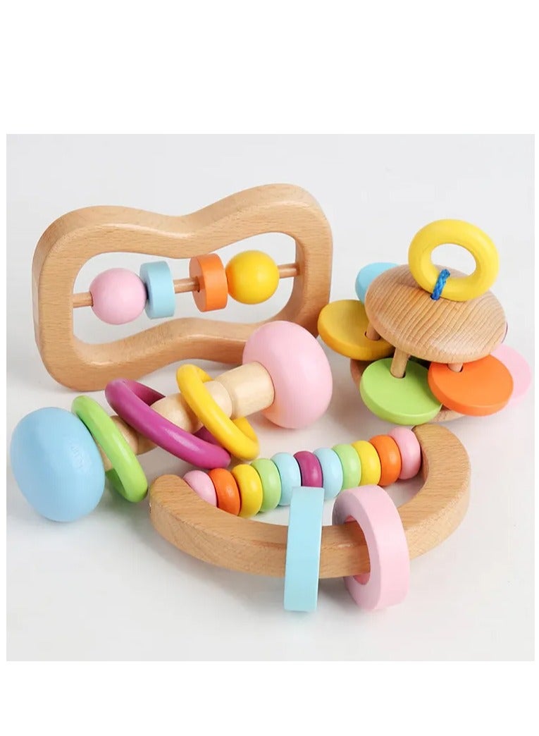 بيبي بي مجموعة ألعاب خشخيشة خشبية للأطفال - عبوة من 4 قطع من ألعاب التسنين العضوية الطبيعية من مونتيسوري للأطفال الرضع - ألعاب حسية خشبية آمنة وخالية من مادة BPA للأطفال من عمر 0 ​​إلى 12 شهرًا - Image 2