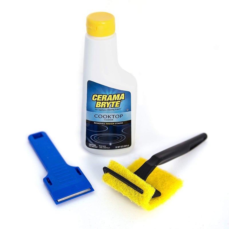 Cerama Bryte - Cooktop Cleaning Kit - Includes 10 oz. Bottle of Cerama Bryte Cooktop Cleaner, 2 Cleaning Pads, 1 POW-R Grip Pad Tool and 1 Scraper packed in Reusable Container, White (SYNCHKG114607) - Image 2