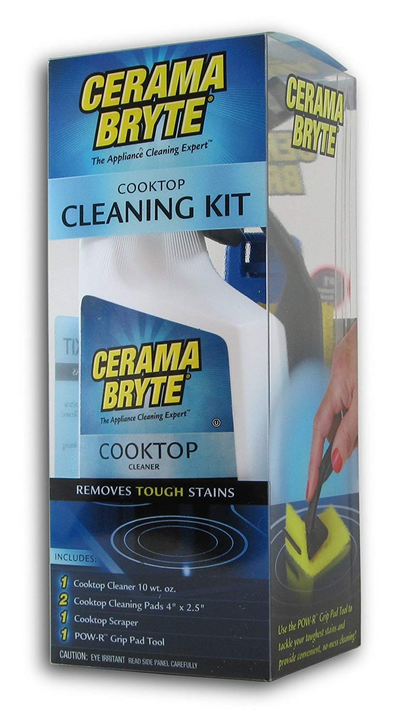 Cerama Bryte - Cooktop Cleaning Kit - Includes 10 oz. Bottle of Cerama Bryte Cooktop Cleaner, 2 Cleaning Pads, 1 POW-R Grip Pad Tool and 1 Scraper packed in Reusable Container, White (SYNCHKG114607) - Image 1