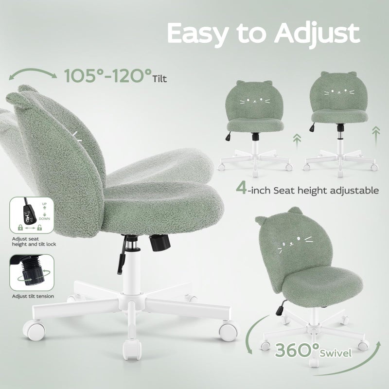 Morkprism Vanity Chair with Cat Back,Armless Desk Chair Cute Small Office Chair,Teddy Fabric Computer Chair with Adjustable Height,120Â°Tilting,Rolling,Swivel for Vanity,Kids Room,Office,Bedroom Green - Image 4