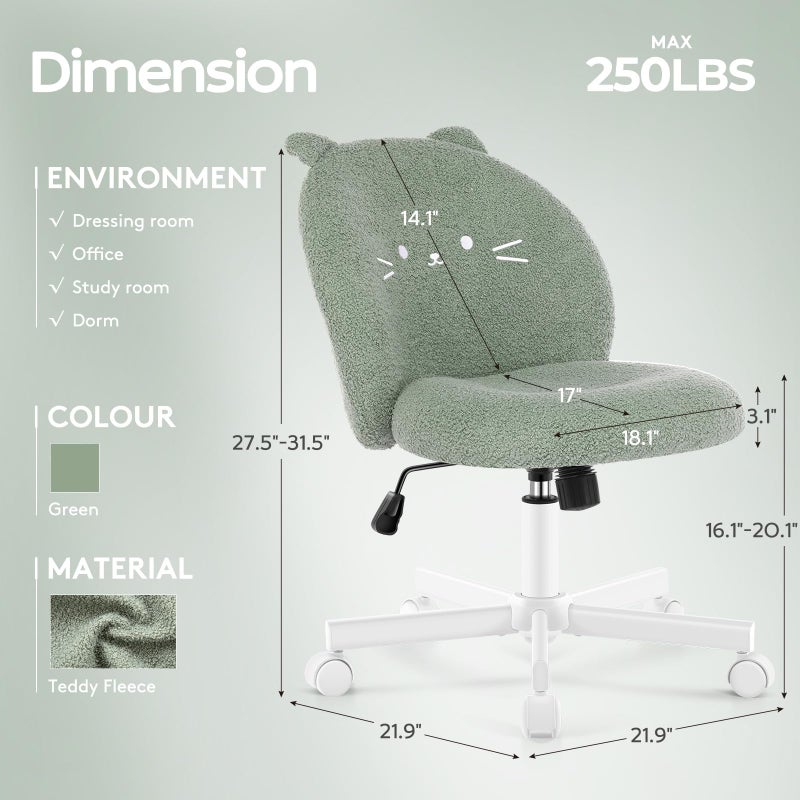 Morkprism Vanity Chair with Cat Back,Armless Desk Chair Cute Small Office Chair,Teddy Fabric Computer Chair with Adjustable Height,120Â°Tilting,Rolling,Swivel for Vanity,Kids Room,Office,Bedroom Green - Image 2