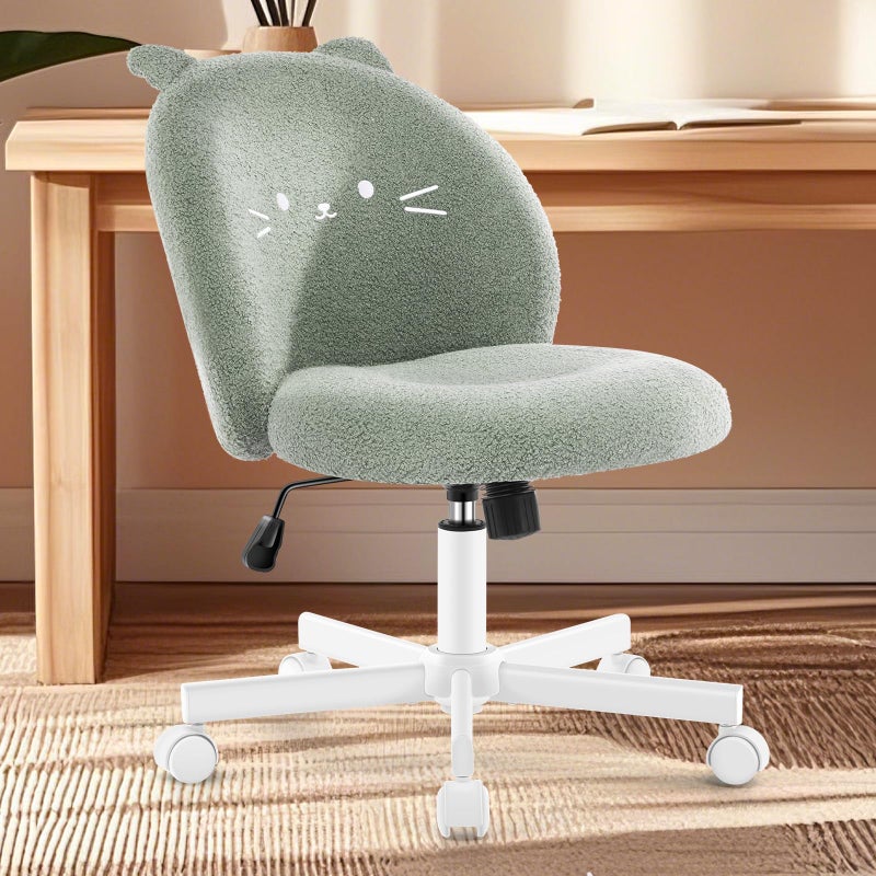 Morkprism Vanity Chair with Cat Back,Armless Desk Chair Cute Small Office Chair,Teddy Fabric Computer Chair with Adjustable Height,120Â°Tilting,Rolling,Swivel for Vanity,Kids Room,Office,Bedroom Green - Image 1