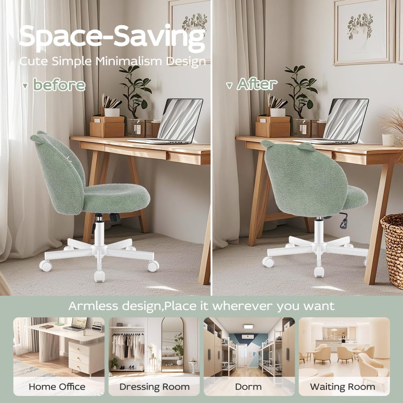 Morkprism Vanity Chair with Cat Back,Armless Desk Chair Cute Small Office Chair,Teddy Fabric Computer Chair with Adjustable Height,120Â°Tilting,Rolling,Swivel for Vanity,Kids Room,Office,Bedroom Green - Image 5