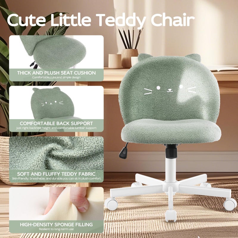 Morkprism Vanity Chair with Cat Back,Armless Desk Chair Cute Small Office Chair,Teddy Fabric Computer Chair with Adjustable Height,120Â°Tilting,Rolling,Swivel for Vanity,Kids Room,Office,Bedroom Green - Image 3