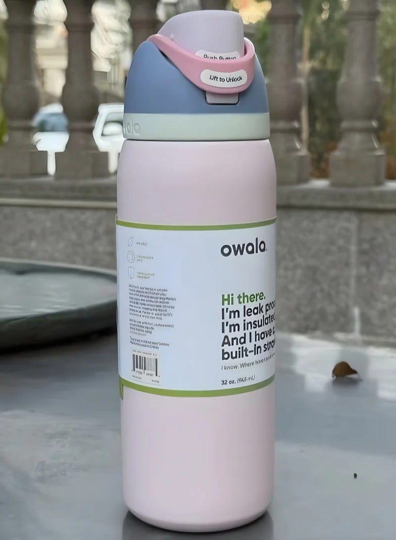 Owala FreeSip معزولة زجاجة المياه من الفولاذ المقاوم للصدأ مع القش ، دليل التسرب ، خالية من BPA ، 945 مل ، الرياح الجليدي ، حزمة واحدة ، (فراولة ماكارون) - Image 2