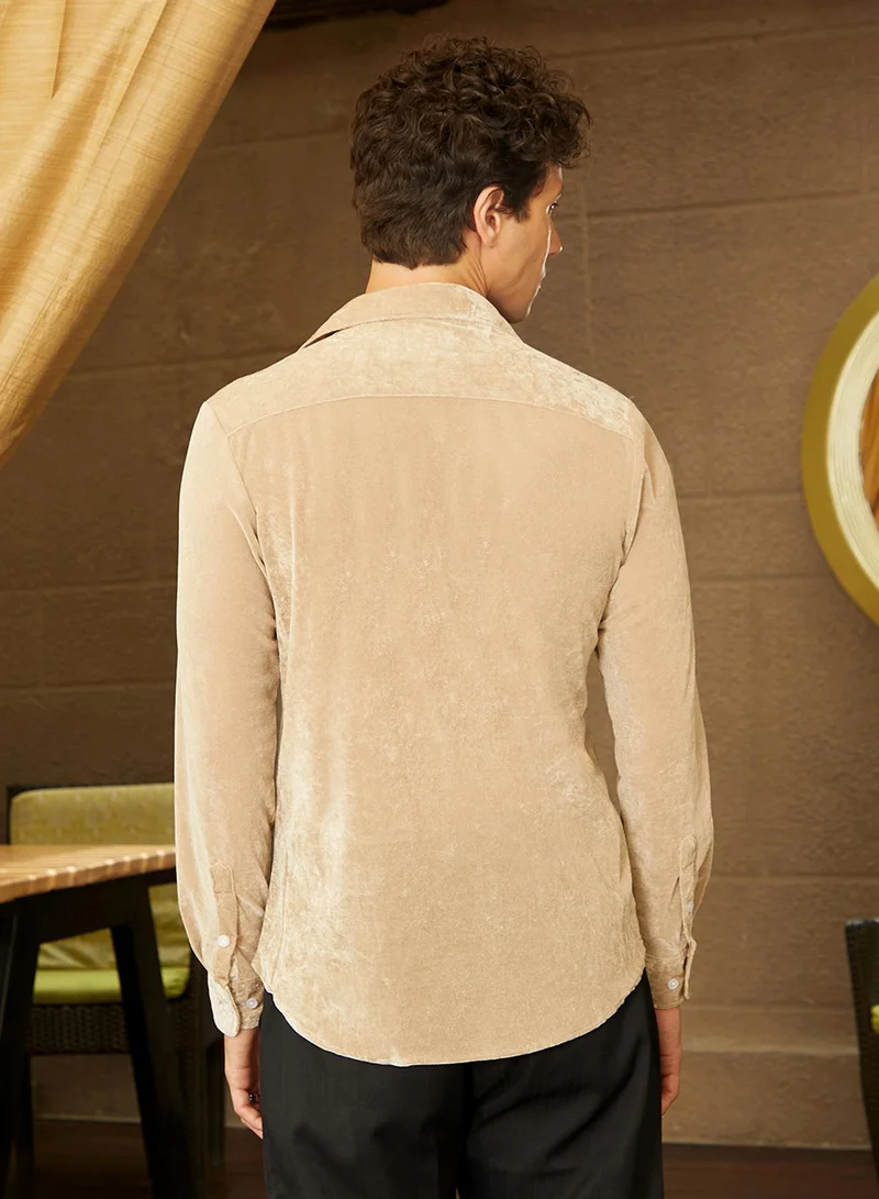 Campus Sutra Men's Buff Beige Solid Velvet Shirt
