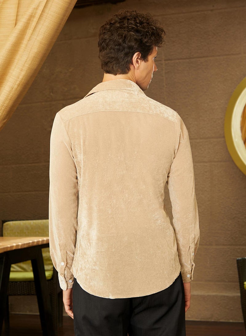 Campus Sutra Men's Buff Beige Solid Velvet Shirt - Image 5