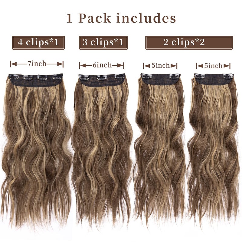 LEEONS 4PCS Clip in Hair Extensions Honey Blonde Mixed Light Brown 20 Inch Long Wavy Synthetic Hair Extensions (4pcs, 20Inch, 22H10#) - Image 2