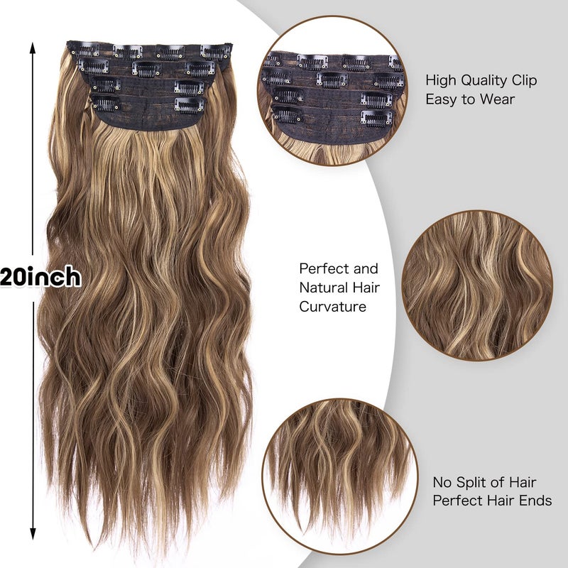 LEEONS 4PCS Clip in Hair Extensions Honey Blonde Mixed Light Brown 20 Inch Long Wavy Synthetic Hair Extensions (4pcs, 20Inch, 22H10#) - Image 4