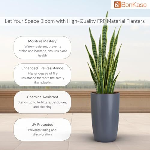 BonKaso 12 inch Grey Flower Pot (Pack of 2)| Size: 20x20x28 cm | Tall, Durable & Lightweight Polymer Tower Planter for Indoor & Outdoor Use: Home, Office, Garden & Balcony (Gamla/Gamale) - Image 2