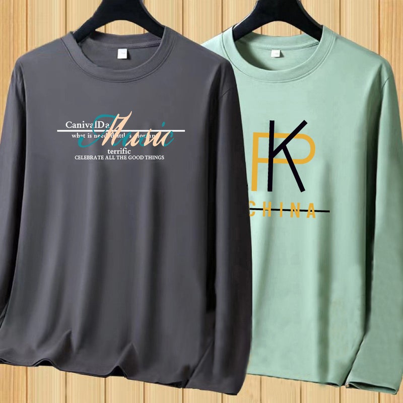 Spring and Autumn New Thin Men's Long Sleeve Soft and Comfortable Round Neck Base Shirt Printed Trendy plus size T-Shirt for Men - Image 3
