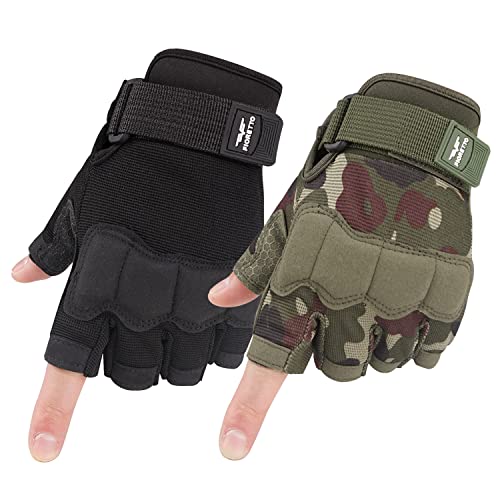 FIORETTO Fingerless Gloves, Airsoft Gloves, Half Finger Gloves for Driving, Cycling, Shooting, Hunting, Motorcycle, Climbing, Outdoor Work 2 Pairs(Black+Green Camo) Large - Image 1