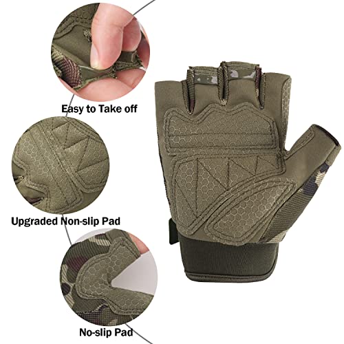 FIORETTO Fingerless Gloves, Airsoft Gloves, Half Finger Gloves for Driving, Cycling, Shooting, Hunting, Motorcycle, Climbing, Outdoor Work 2 Pairs(Black+Green Camo) Large - Image 3