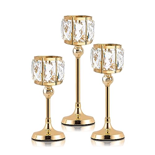 kehail Set of 3 Cup Crystal Tealight Candle Holders Centerpieces for Table Wedding Centerpieces Crystal Decorative Tealight Candle Dining Table Candle Holder Decor for Party 87106122 Gold - Image 1