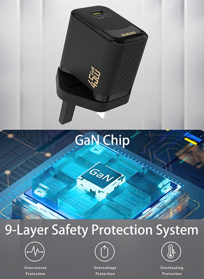 شاحن سريع بقوة 45 واط بتقنية GaN مع محول طاقة USB-C، شاحن حائطي مدمج مع دائرة تحكم ذكية بدرجة الحرارة، حماية بأكثر من 9 طبقات، شاحن من نوع Type-C لهواتف iPhone 15، Samsung Galaxy، Huawei، iPad، MacBook، Xiaomi، وأجهزة اللابتوب.