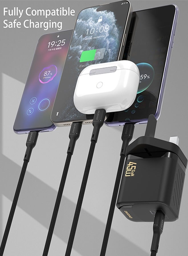 شاحن سريع بقوة 45 واط بتقنية GaN مع محول طاقة USB-C، شاحن حائطي مدمج مع دائرة تحكم ذكية بدرجة الحرارة، حماية بأكثر من 9 طبقات، شاحن من نوع Type-C لهواتف iPhone 15، Samsung Galaxy، Huawei، iPad، MacBook، Xiaomi، وأجهزة اللابتوب.