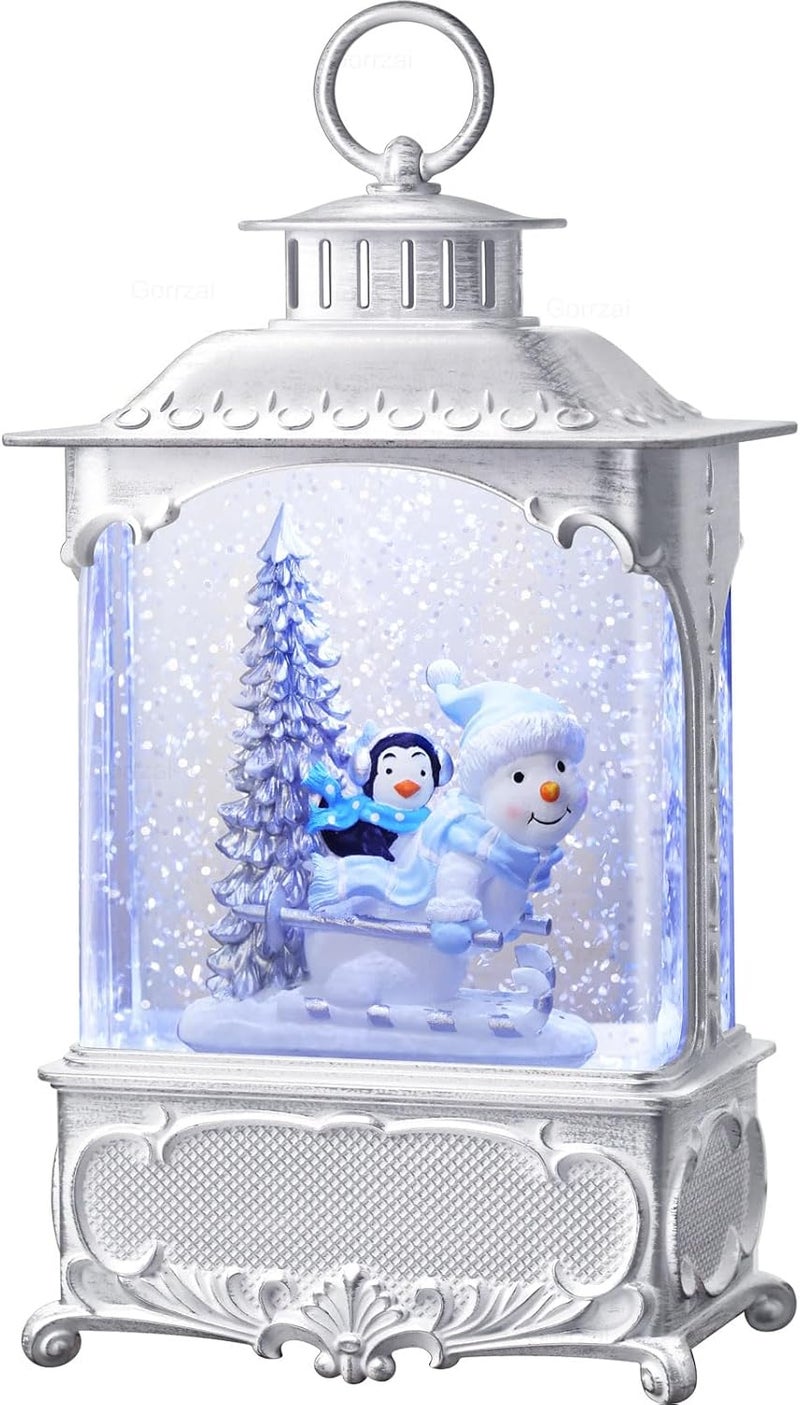 Gorrzai Christmas Snow Globes Snowman Snow Globe Lantern, Lighted Christmas Decorations Indoor for Home with Music Timer Swirling Glitter, Light Up Penguin Musical Decor Gift, USB or Battery Operated - Image 1