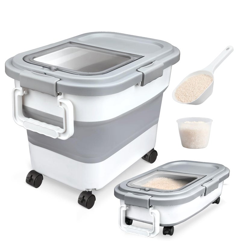 Komzon Rice Storage Container, Collapsible Airtight Food Storage Containers 20-30 Lbs, Rice Dispenser Bin with Cup and Scoop for Flour Cereal Pasta Grain, Cat Bird Pet Dog Food Storage Container - Image 1