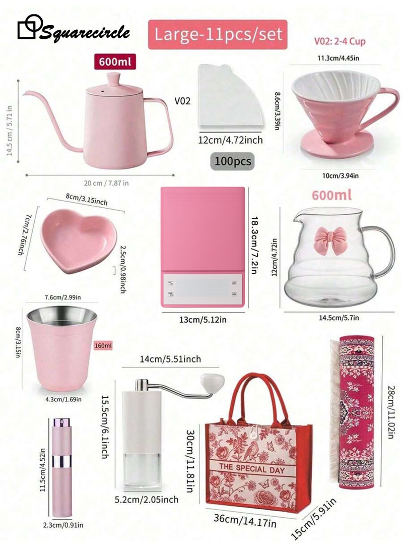دائرة مربعة طقم تحضير القهوة V60 باللون الوردي – مجموعة تحضير قهوة يدوية 11 قطعة مع إبريق، مطحنة، ميزان وحقيبة هدايا – مثالي للمنزل وللهدايا - Image 5