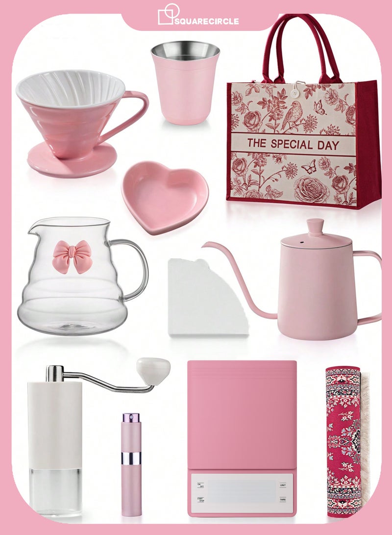 دائرة مربعة طقم تحضير القهوة V60 باللون الوردي – مجموعة تحضير قهوة يدوية 11 قطعة مع إبريق، مطحنة، ميزان وحقيبة هدايا – مثالي للمنزل وللهدايا - Image 1