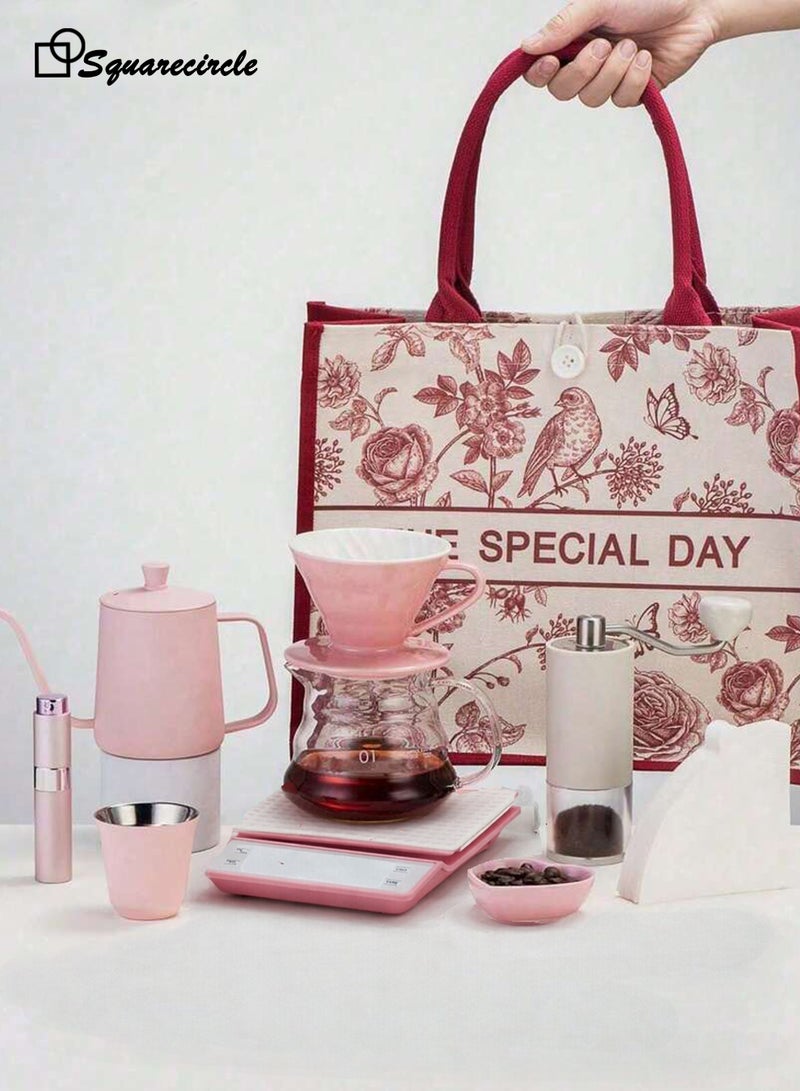 دائرة مربعة طقم تحضير القهوة V60 باللون الوردي – مجموعة تحضير قهوة يدوية 11 قطعة مع إبريق، مطحنة، ميزان وحقيبة هدايا – مثالي للمنزل وللهدايا - Image 2