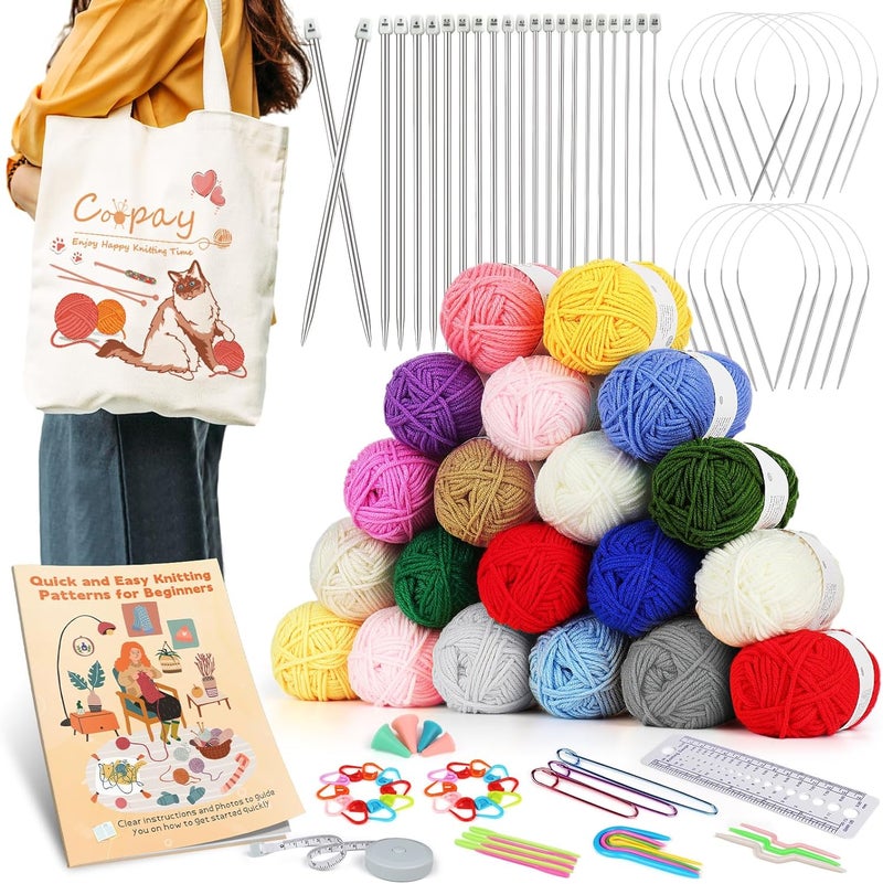 Coopay Coopay Knitting Kit for Beginners w20 Colors Yarn Knitting Set Include 11 Pairs Knitting Needles Set  11 Circular Knitting Needles with Cat Tote Bag Knitting Book Knitting Kit for Beginners Adults  - Image 1