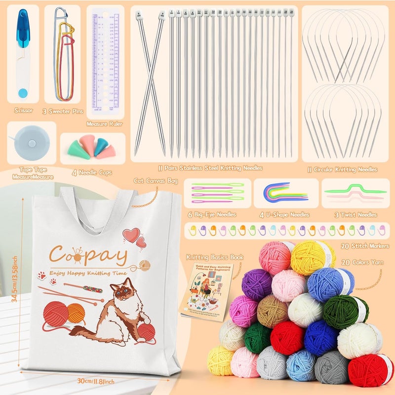 Coopay Coopay Knitting Kit for Beginners w20 Colors Yarn Knitting Set Include 11 Pairs Knitting Needles Set  11 Circular Knitting Needles with Cat Tote Bag Knitting Book Knitting Kit for Beginners Adults  - Image 5