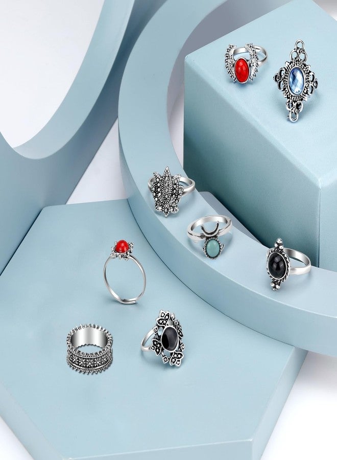 ONESING 154 Pcs Knuckle Rings for Women, Vintage Knuckle Rings Set, Stackable Finger Rings Set Bohemian Retro Vintage Jewelry Silver Rings Crystal Joint Rings Hollow Carved Flowe - Image 5