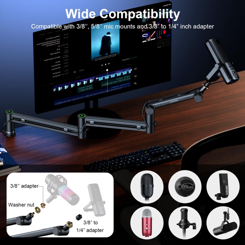 Aokeo Microphone Arm,Aokeo AK-58i Desk Low Profile Mic Boom Arm Stand,Suitable For Blue Yeti,Snowball iCE,HyperX QuadCast,SoloCast,Elgato Wave,Etc - Image 2