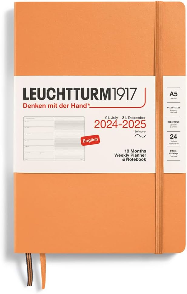 LEUCHTTURM1917 LEUCHTTURM1917  Weekly Planner and Notebook Softcover Medium A5 18month Jul 2024  Dec 2025 English Apricot  - Image 1