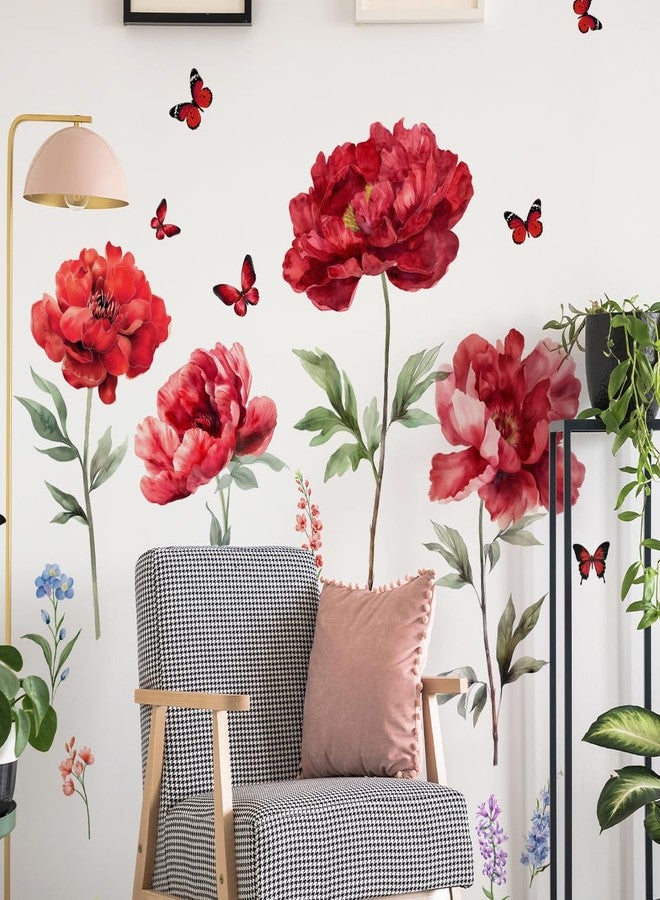 Runtoo Large Red Flowers Wall Decals Butterfly Watercolor Floral Wall Stickers for Bedroom Living Room Nursery Office Home Decor - Image 1