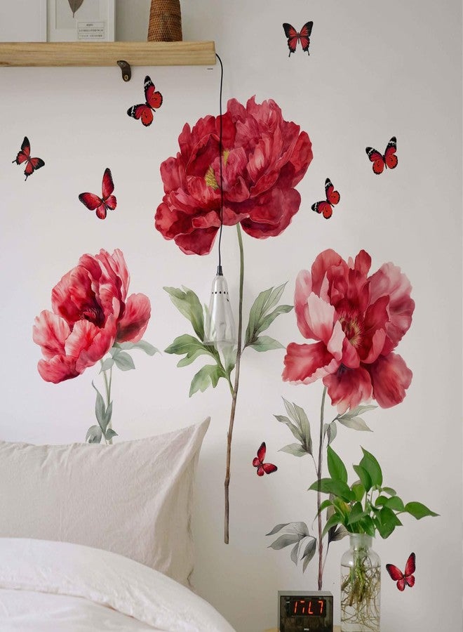 Runtoo Large Red Flowers Wall Decals Butterfly Watercolor Floral Wall Stickers for Bedroom Living Room Nursery Office Home Decor - Image 2