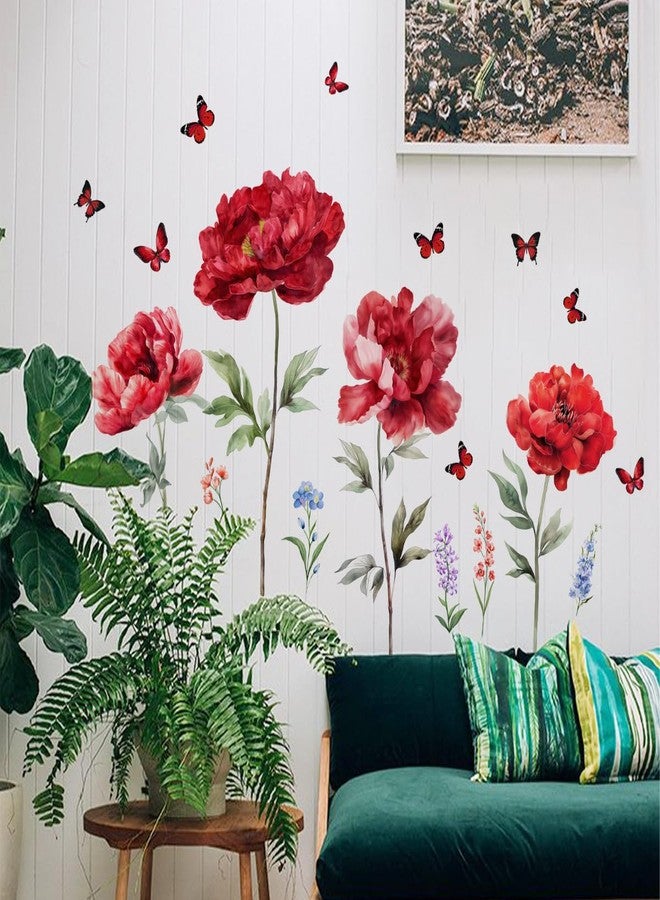 Runtoo Large Red Flowers Wall Decals Butterfly Watercolor Floral Wall Stickers for Bedroom Living Room Nursery Office Home Decor - Image 3