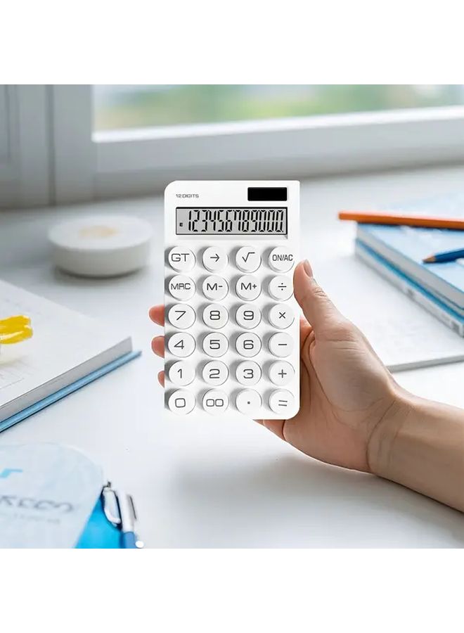 White Solar Power Calculator LED Display Multifunctional Mechanical Buttons Built In Pencil Holder For Office School Student Use Durable Construction - Image 5