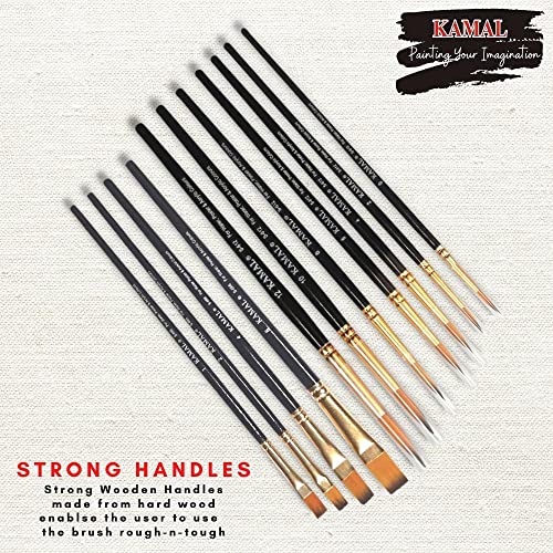 KAMAL® Artist Quality Paint Brush of Golden Black Taklon Hair Round Set of 7 and Flat Set of 4 Black Handle - Image 2