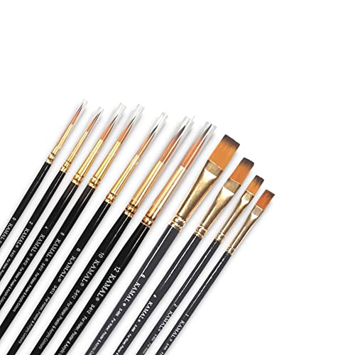 KAMAL® Artist Quality Paint Brush of Golden Black Taklon Hair Round Set of 7 and Flat Set of 4 Black Handle - Image 1