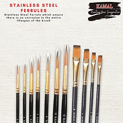KAMAL® Artist Quality Paint Brush of Golden Black Taklon Hair Round Set of 7 and Flat Set of 4 Black Handle - Image 4