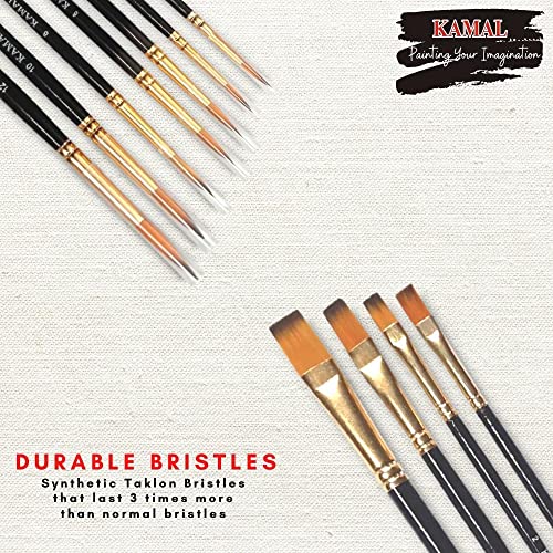 KAMAL® Artist Quality Paint Brush of Golden Black Taklon Hair Round Set of 7 and Flat Set of 4 Black Handle - Image 3