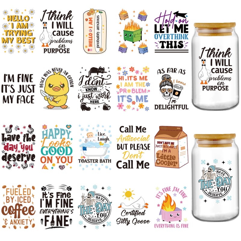 AFRITEE UV DTF Cup Wrap  20 Sheets Funny Sarcasm UV DTF Cup Wrap for 16 oz Glass Coffee Cups Humorous Quotes Uvdtf Transfer Stickers Its Fine Im Fine Everything is Fine for Funny Office Gifts